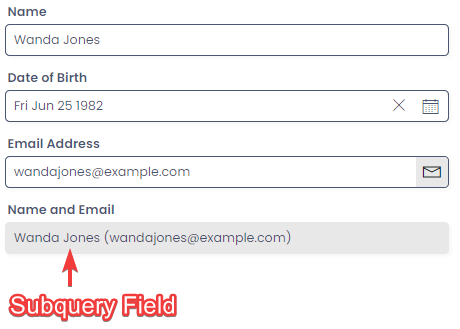 A screenshot demonstrating what a Computed or Subquery field looks like on an Item Page. The field has a grey background, and the screenshot is annotated with a red arrow and text that explains the field is a &quot;Subquery Field&quot;.